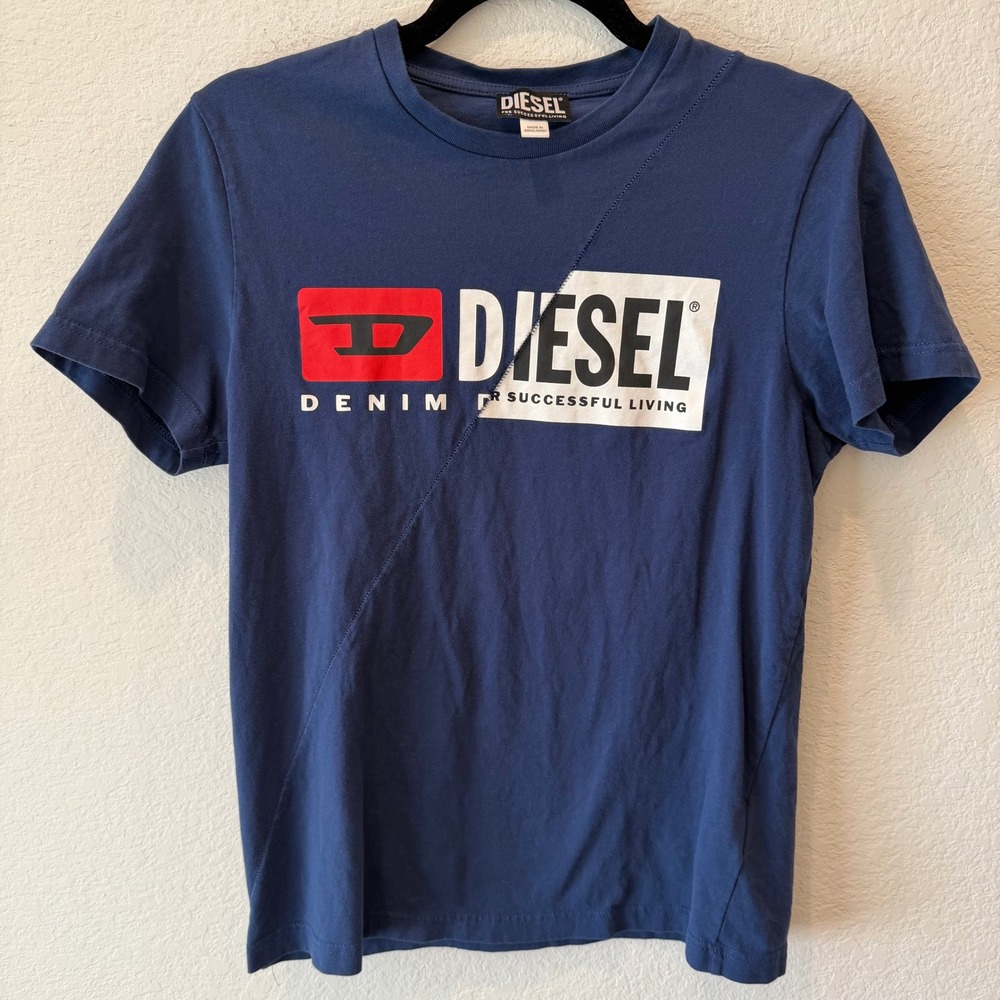 Diesel Mens Navy Blue Logo Graphic T-Shirt Deconstructed Seam Small
